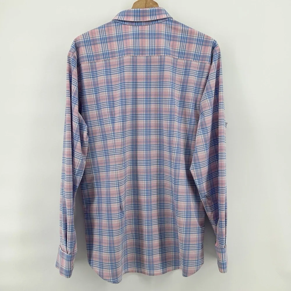 Mizzen+ Main‎ Shirt XL Trim Fit Pink Blue Plaid Stretch Performance USA Made